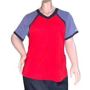 Grey's Anatomy Scrub Top Red Grey Black Trim Front Patch Pockets Size 2XL Raglan